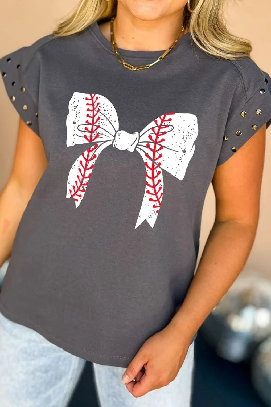 Weekend Specials to Snag Studded Bow Graphic Round Neck Cap Sleeve T-Shirt