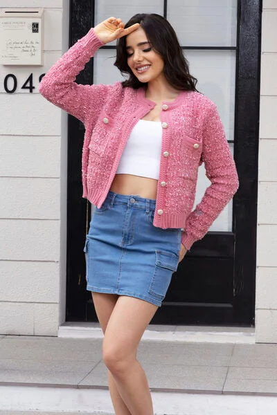 Act Now Button Up Round Neck Cardigan