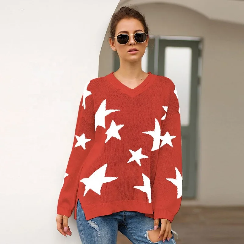 Low Prices Casual V Neck Oversize Women Sweater One Shoulder Star Intarsia Perspective T-Shirt Full Of Stars Pattern Top Clothes