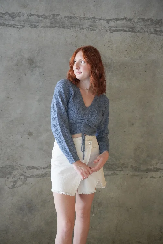 Savings Galore At Dusk Blue Ruched Tie Sweater