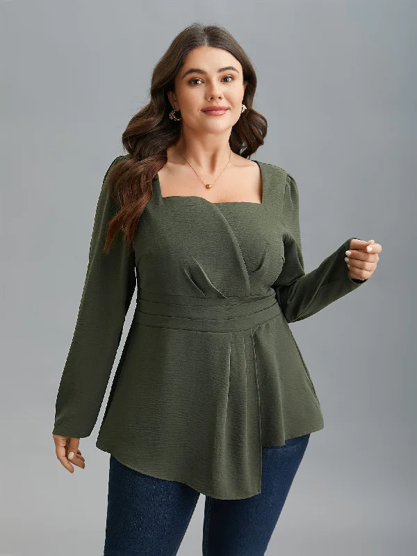 Inventory Reduction Asymmetrical Neckline Stretchy Waist Plicated Detail Blouse