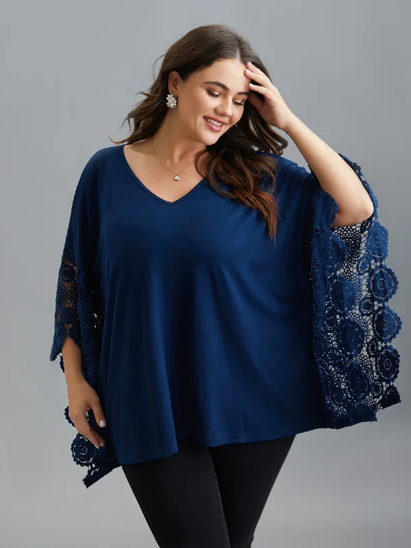 Big Savings V-Neck Crochet Lace Batwing Sleeve T-Shirt