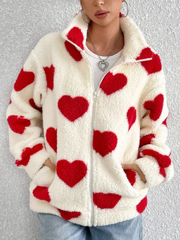 Crazy Deals Heart Zip Up Drop Shoulder Furry Jacket