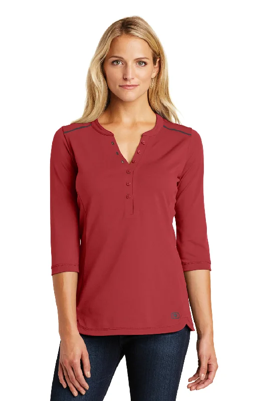 Deal Dash Ogio Womens Fuse Moisture Wicking 3/4 Sleeve Henley T-Shirt - Signal Red - Closeout