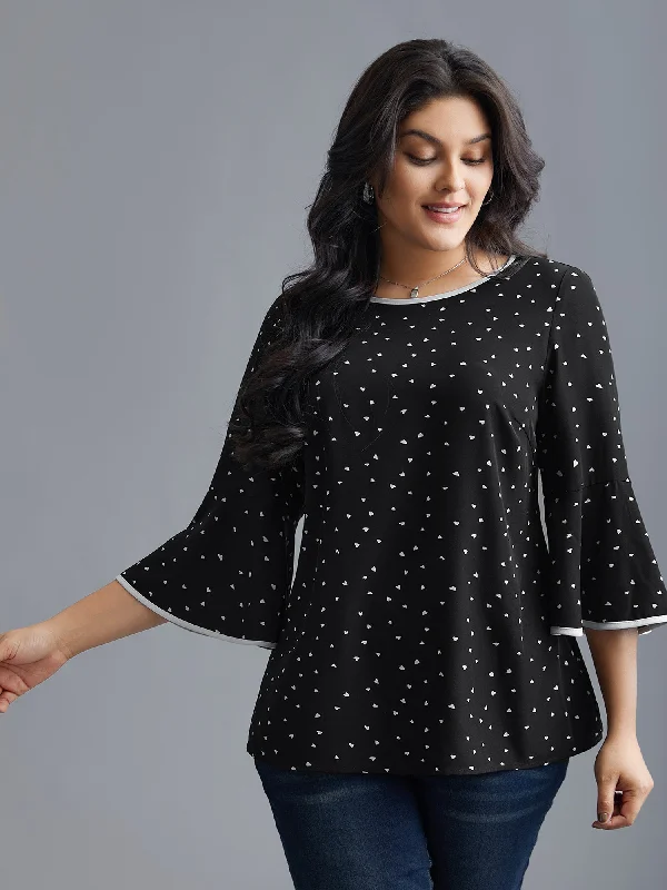 Year-End Clearance Heart Print Bell Sleeve Patchwork Blouse