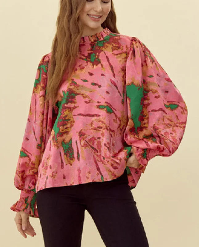 Low Cost Abstract Print Ruffle Sleeve Blouse