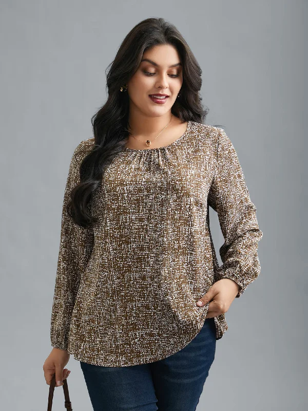 Final Markdown Crew Neck Geometric Print Gathered Blouse