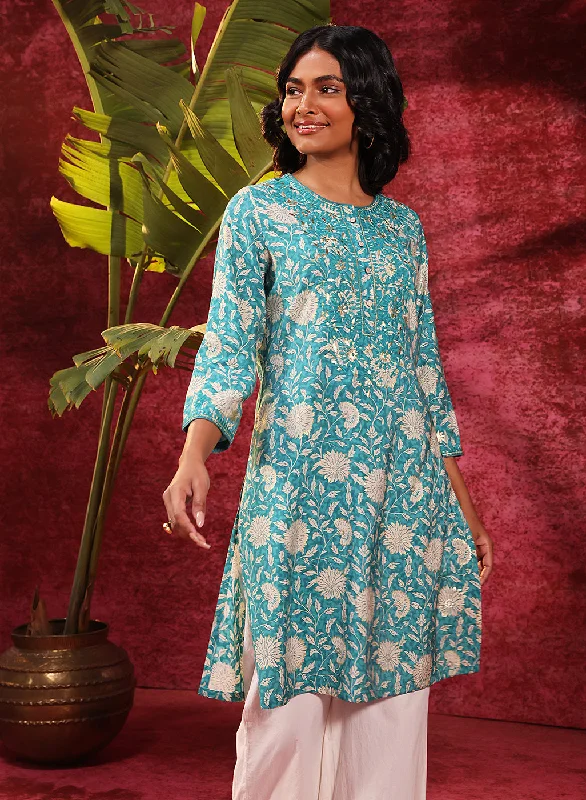 Closeout Bloom Teal Printed Cotton Tunic