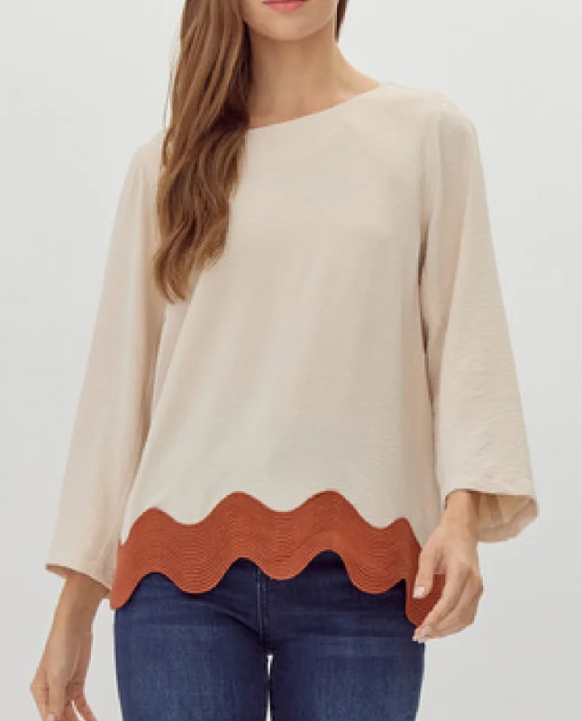Overstock Sale U-Neck Top with Ribbed Swirl Hemline