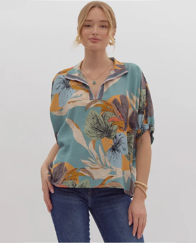 Weekend Offers That Shine Drop Shoulder Floral Print Collared Top