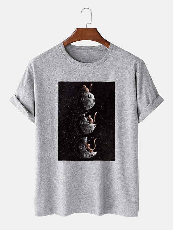 Weekend Deals That Spark Mens 100% Cotton Space Cat Graphic Print Casual Short Sleeve T-Shirt
