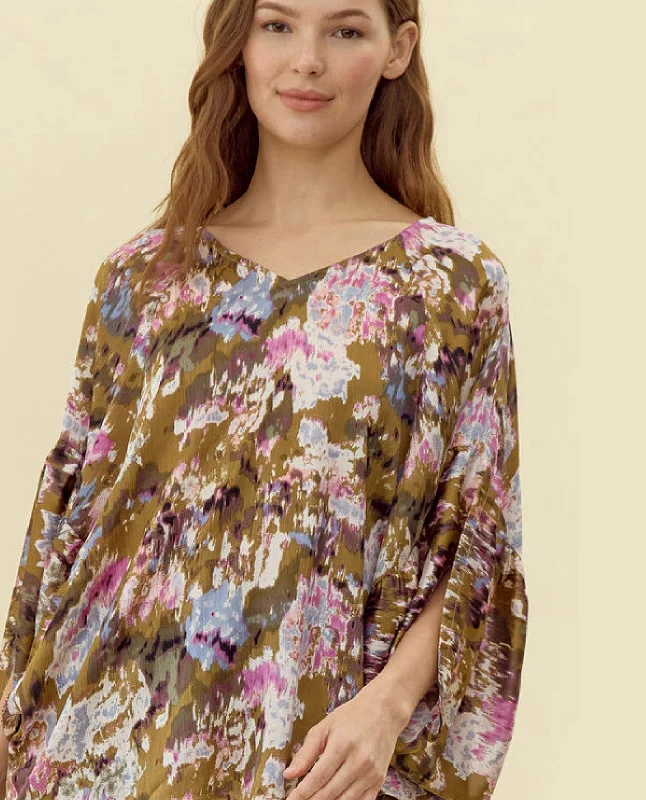 Best Choice Abstract Floral Print Top with Draped Sleeves