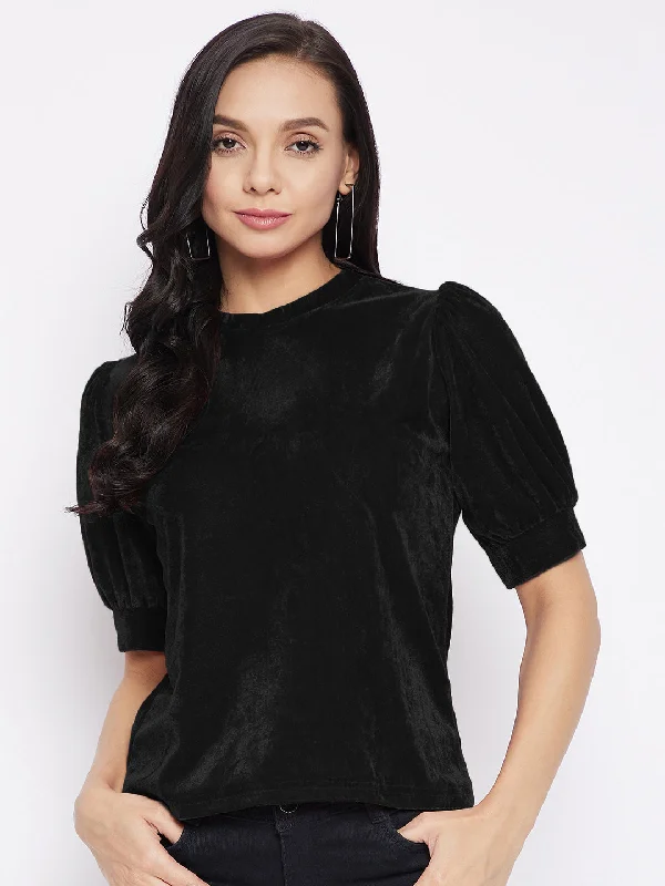 Low Prices Stretchable Velvet High Neck Puff Sleeve Top
