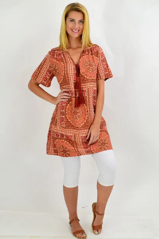 Instant Discount Back to the 70s Tie Up Neck Tunic Dress