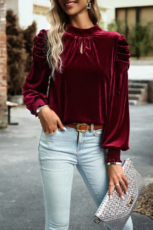 Massive Savings Red Mock Keyhole Neck Puff Sleeve Velvet Blouse