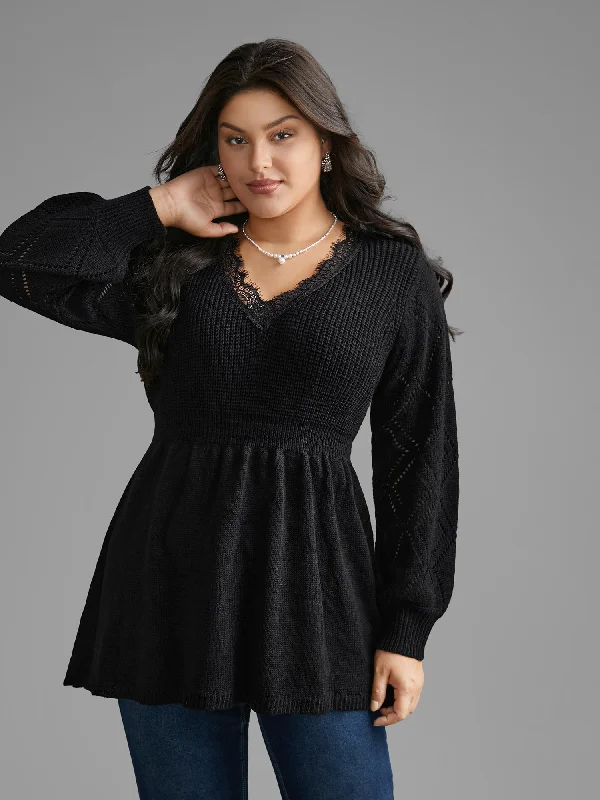 New Deal V Neck Lace Panel Lantern Sleeve Pullover