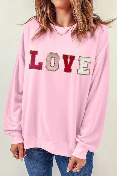 Big Discounts LOVE Patch Round Neck Dropped Shoulder Sweatshirt