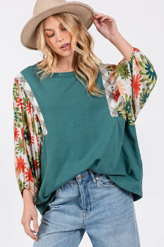 Markdown Sale SAGE + FIG Full Size Printed Balloon Sleeve Contrast Top