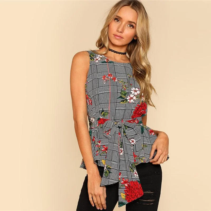 Seasonal Clearance HOLLY'S HOUNDSTOOTH FLORAL BELTED TOP