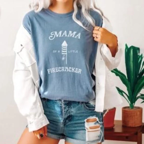 Mega Sale Mama Of A Little Firecracker Blue Denim Vtg Short Sleeve Graphic Tee