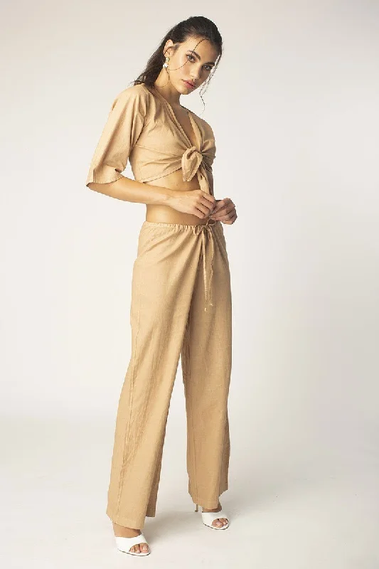 Members Only Tan Tie Front Half Sleeve Linen Top