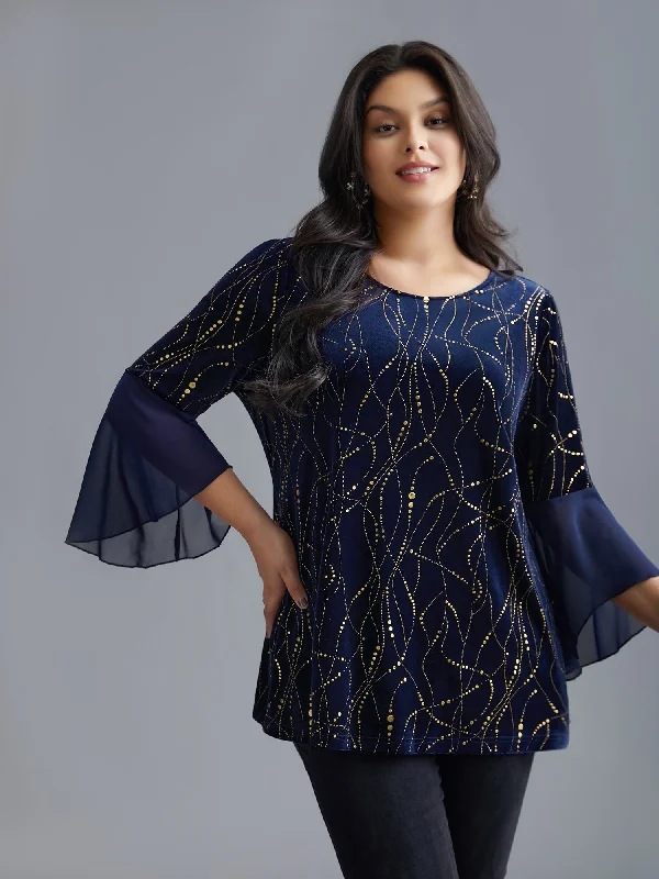Weekend Offers That Sizzle Velvet Glitter Mesh Bell Sleeve Patchwork Blouse