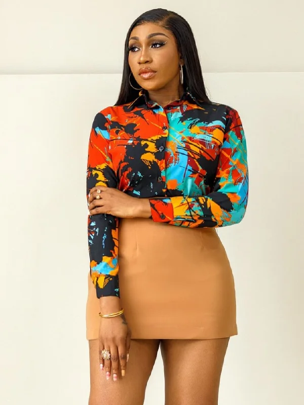 Deal of the Day Colorblock Graffiti Loose Button Up Shirt