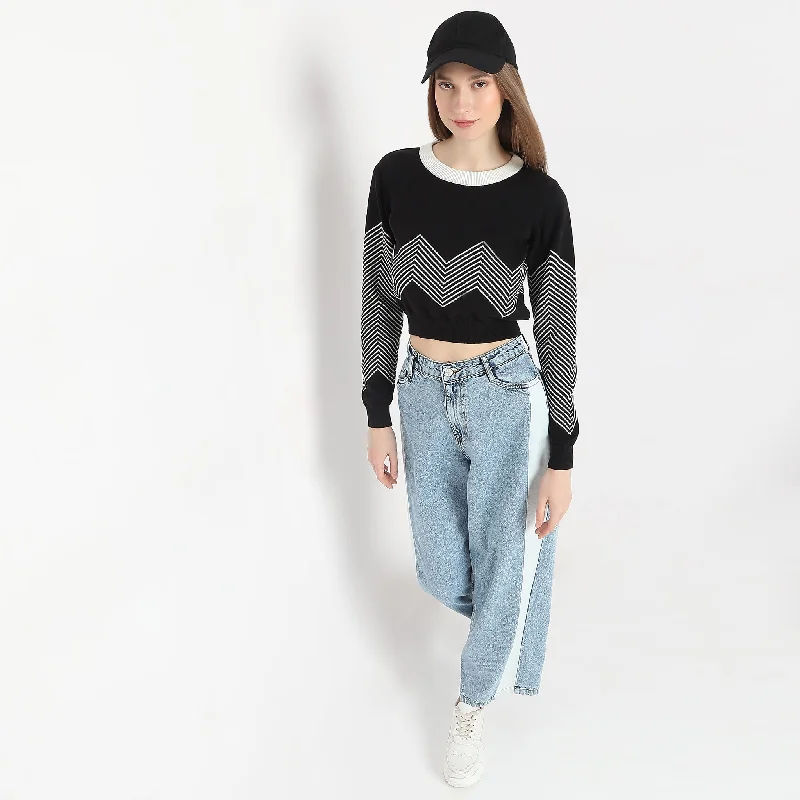 Year-End Sale Slim Fit Striped Boat Neck Flat Knits Full Sleeve Crop T-Shirt