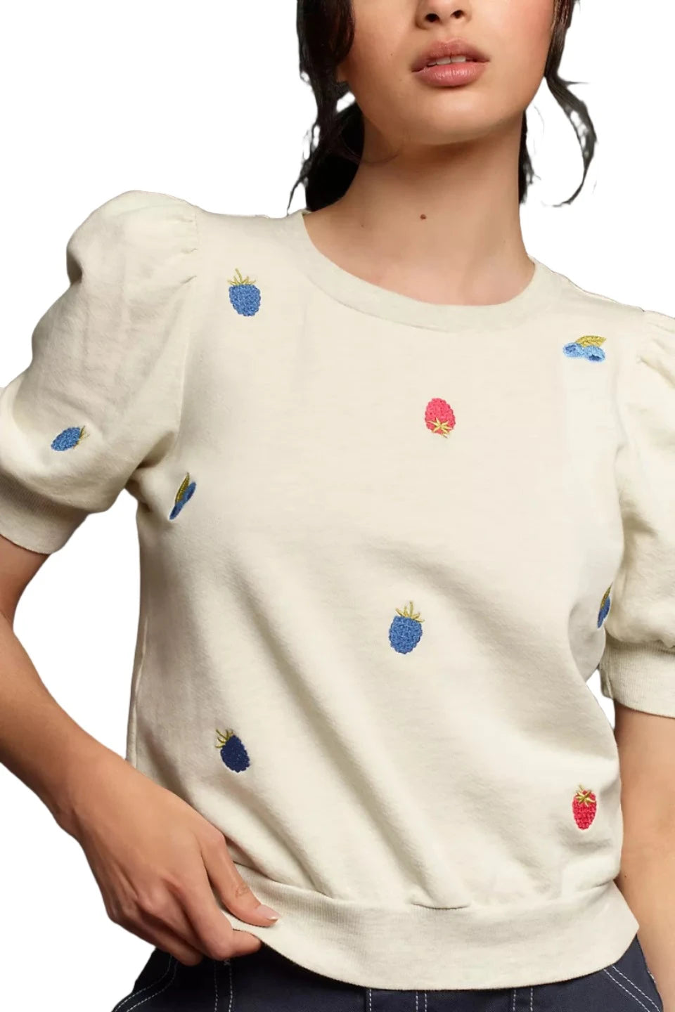 Price Reduction TLA Puff Sleeves Tee Shirt French Terry Beige with Berries