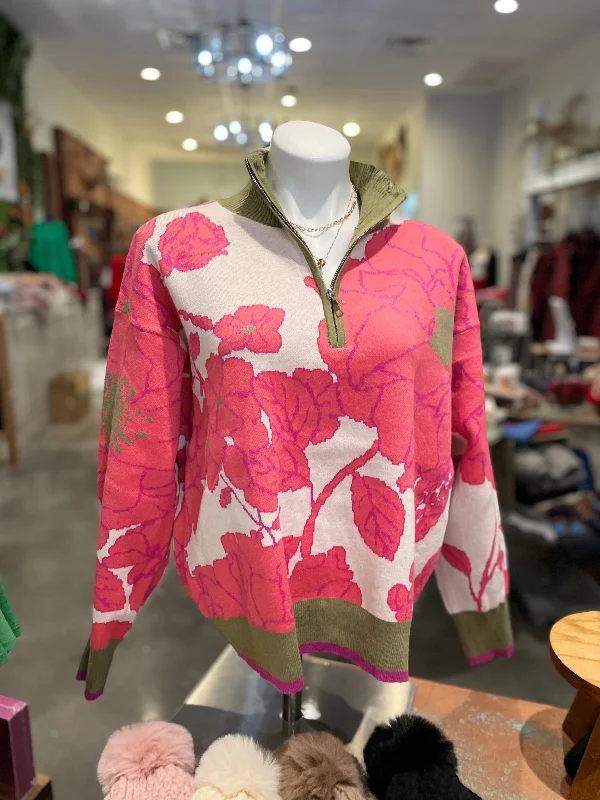 Act Fast Catalan Floral Quarter Zip Sweater