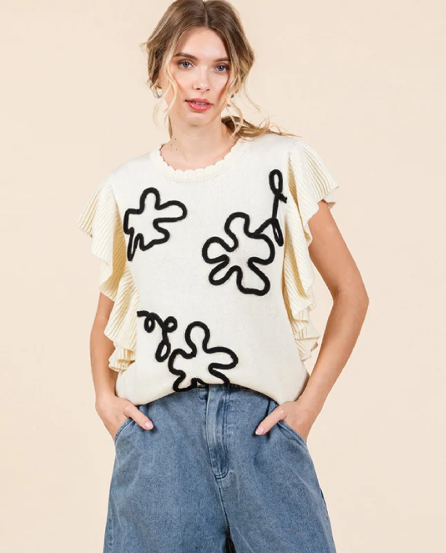 Take Advantage Short Sleeve Sweater with Flowers