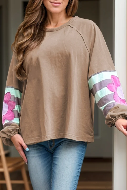 Price Buster Plus Size Flower Round Neck Long Sleeve Blouse