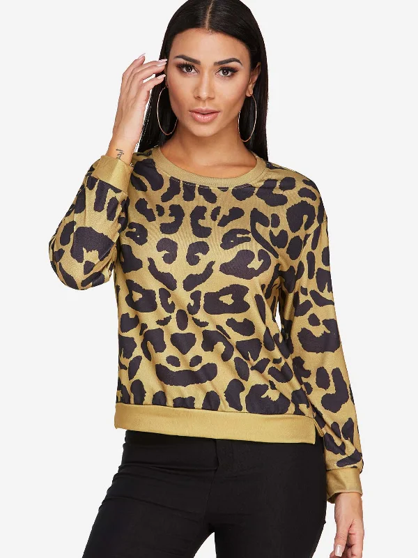 Final Clearance Custom Round Neck Leopard Long Sleeve Slit Hem Yellow T-Shirts