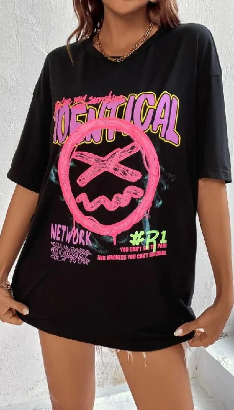 Overstock Black Pink Identical Graphic Slogan T-shirt