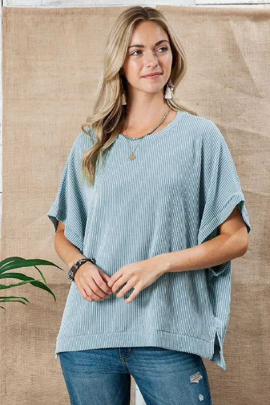 Big Discounts Sky Blue Plain Ribbed Knit Batwing Sleeve Tunic Oversized T Shirt