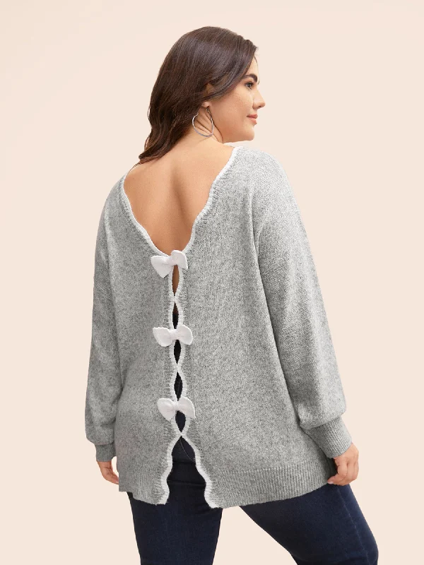 Closeout Deal Round Neck Bowknot Cut Out Pullover