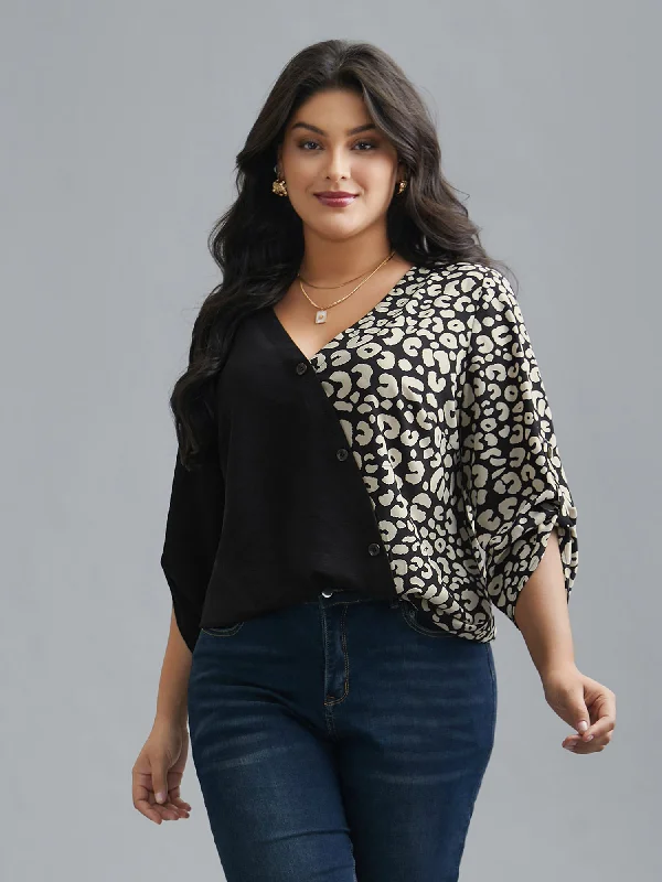 Weekend Savings Spree Leopard Print Spliced Tab Sleeve Blouse