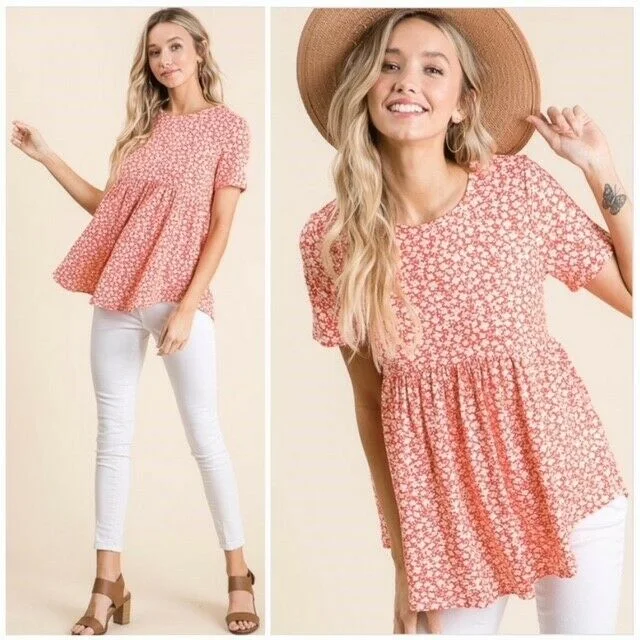 Year-End Sale Ditsy Coral Floral Short Sleeve Babydoll Top Casual Womens