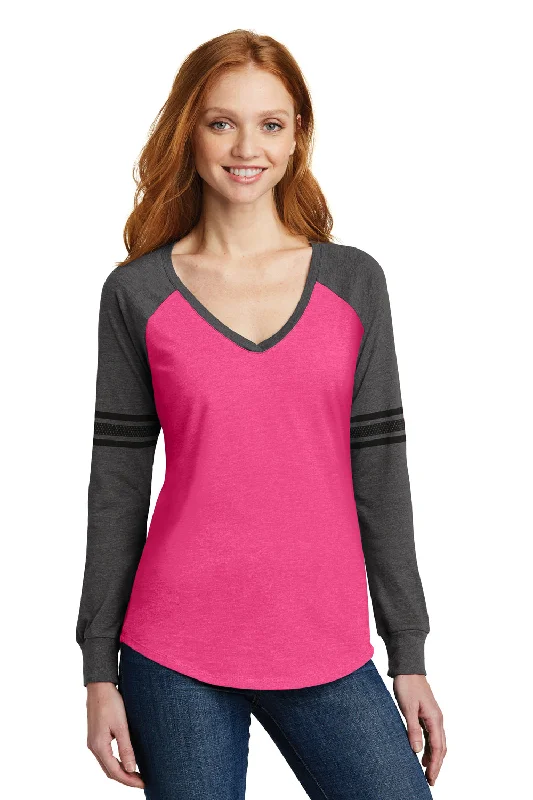 Low Cost District Womens Game Long Sleeve V-Neck T-Shirt - Heather Dark Fuchsia Pink/Heather Charcoal Grey/Black - Closeout