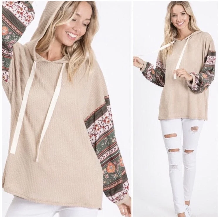 Midnight Sale Taupe Boho Print Sleeve Thermal Waffle Hoodie Shirt Casual Womens