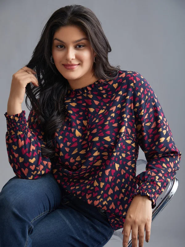 Weekend Wonders Await! Hearts All Over Ruffled Neckline Blouse