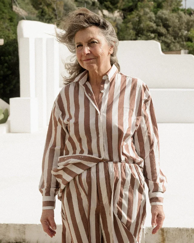 Can't Be Beat Loose Ole Shirt - Organic Cotton Poplin - Brown White Stripe