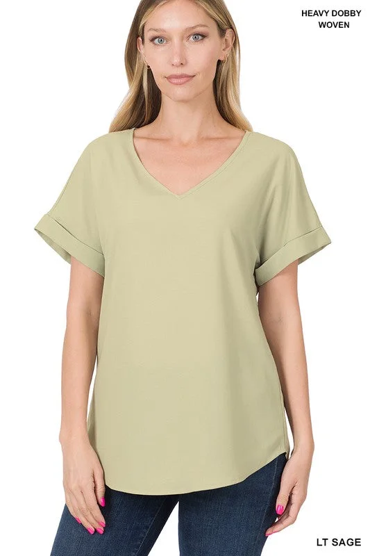Limited Time Offer WOVEN HEAVY DOBBY ROLLED SLEEVE V-NECK TOP