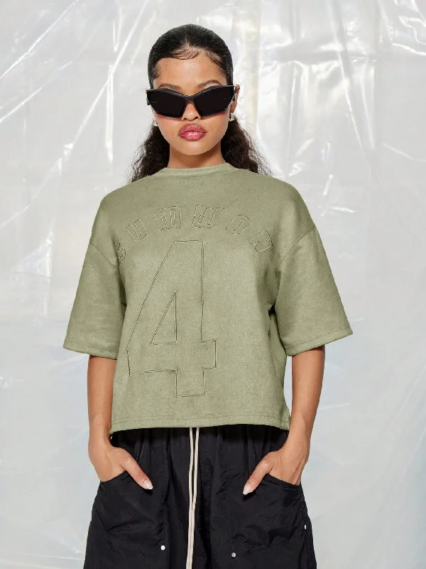 Weekend Offers That Dazzle SUMWON WOMEN Suedette Round Neck Drop Shoulder Boxy Sleeves Embroidered T-Shirt