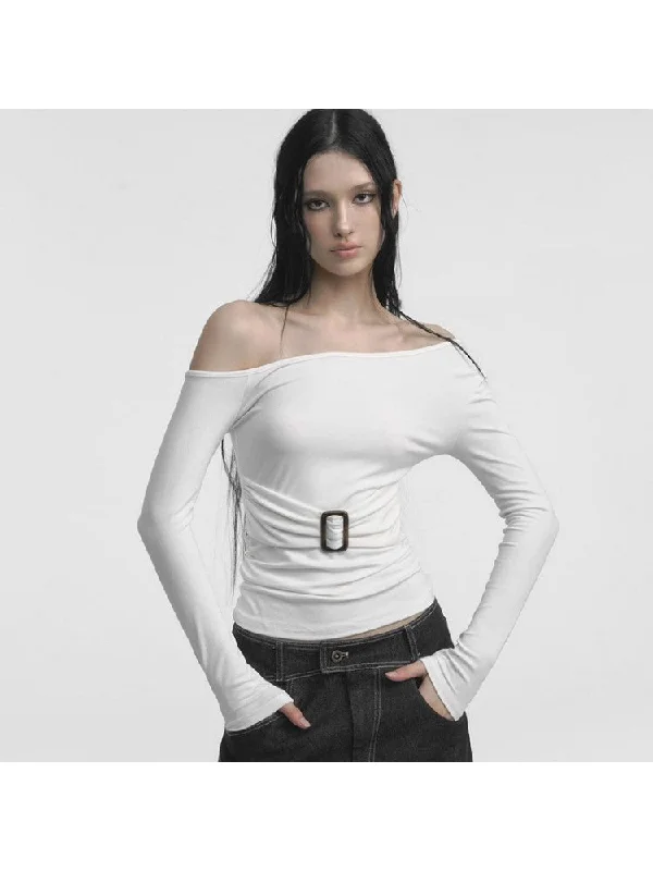 Big Savings Plain Ruched Inclined Shoulder Fitted Tops