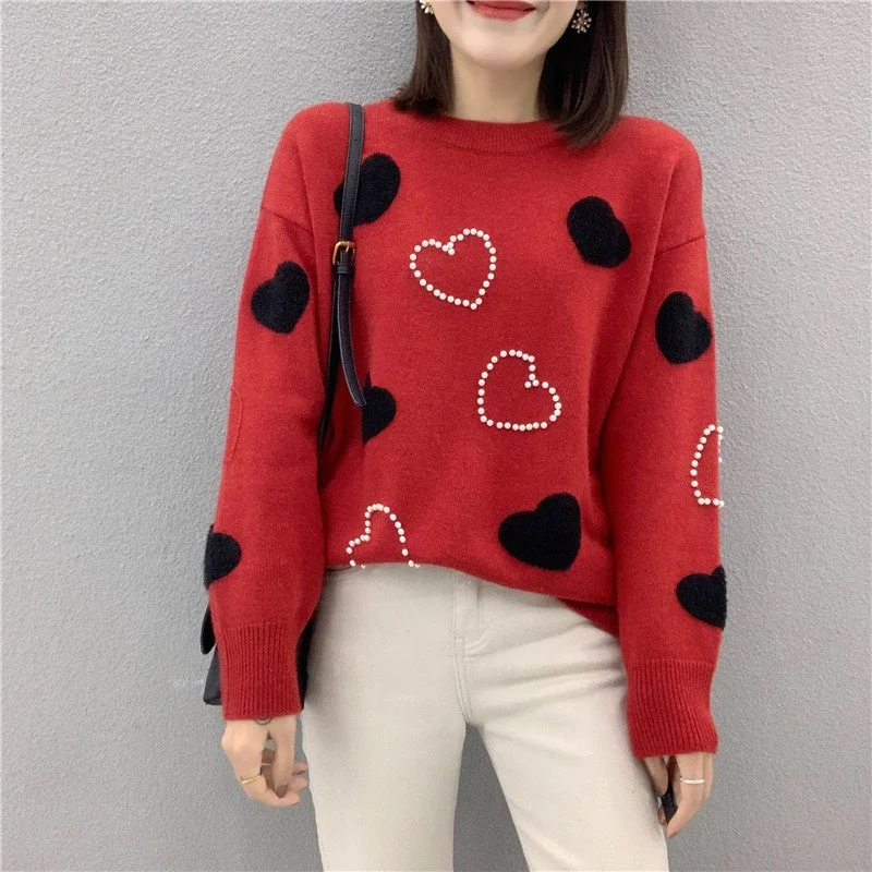 Weekend Shopping Made Better Custom Fit Thick Warm Cute Design Jumper Heart Shaped Lovers Knitted Pullover With Pearl Young Ladies Elegant Cartoon Sweater Weekend Shopping Made Better Custom Fit Thick Warm Cute Design Jumper Heart Shaped Lovers Knitted Pullover With Pearl Young Ladies Elegant Cartoon Sweater