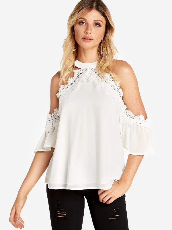 Daily Deals Custom Cold Shoulder Plain Lace Short Sleeve White T-Shirts