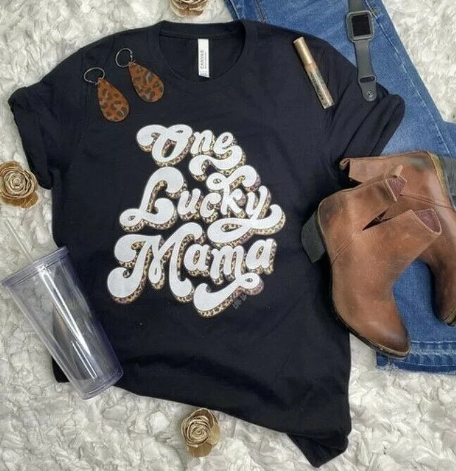 Midnight Sale Black One Lucky Mama Leopard Graphic Relaxed Bella Canvas Tee T-Shirt
