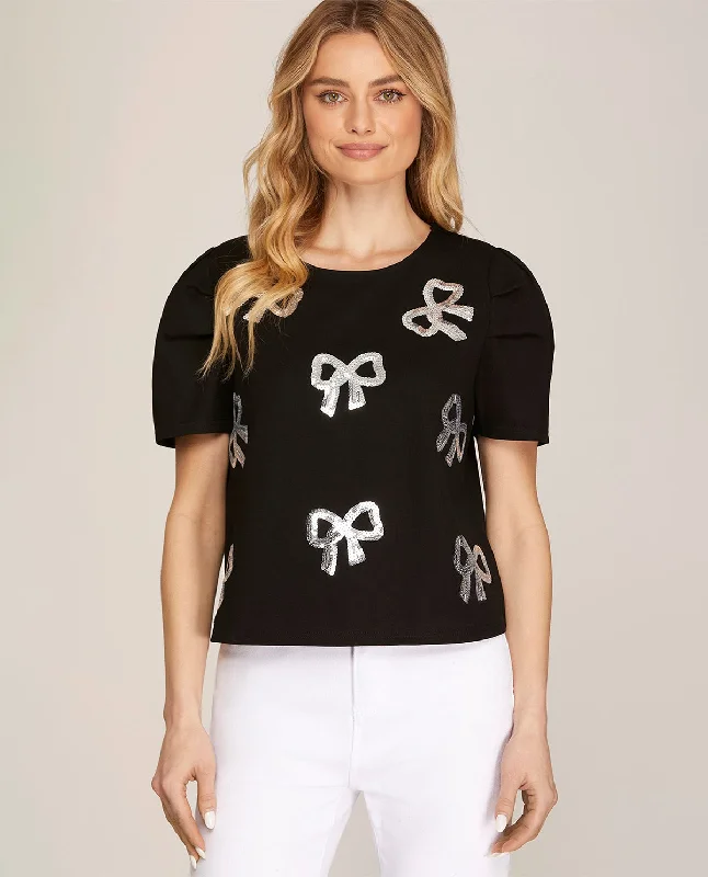 Cash Savings Short Sleeve Sequin Bow Top