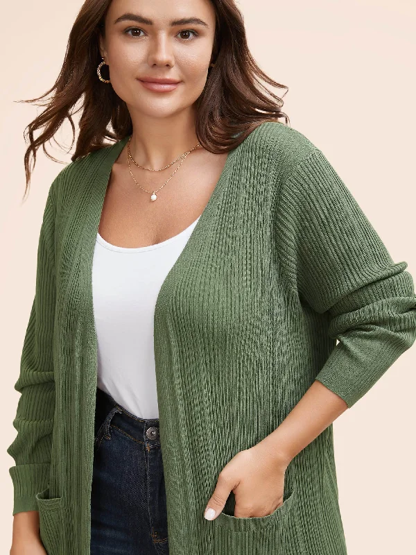 Weekend Deals That Dazzle Plain Textured Split Hem Patch Pocket Cardigan
